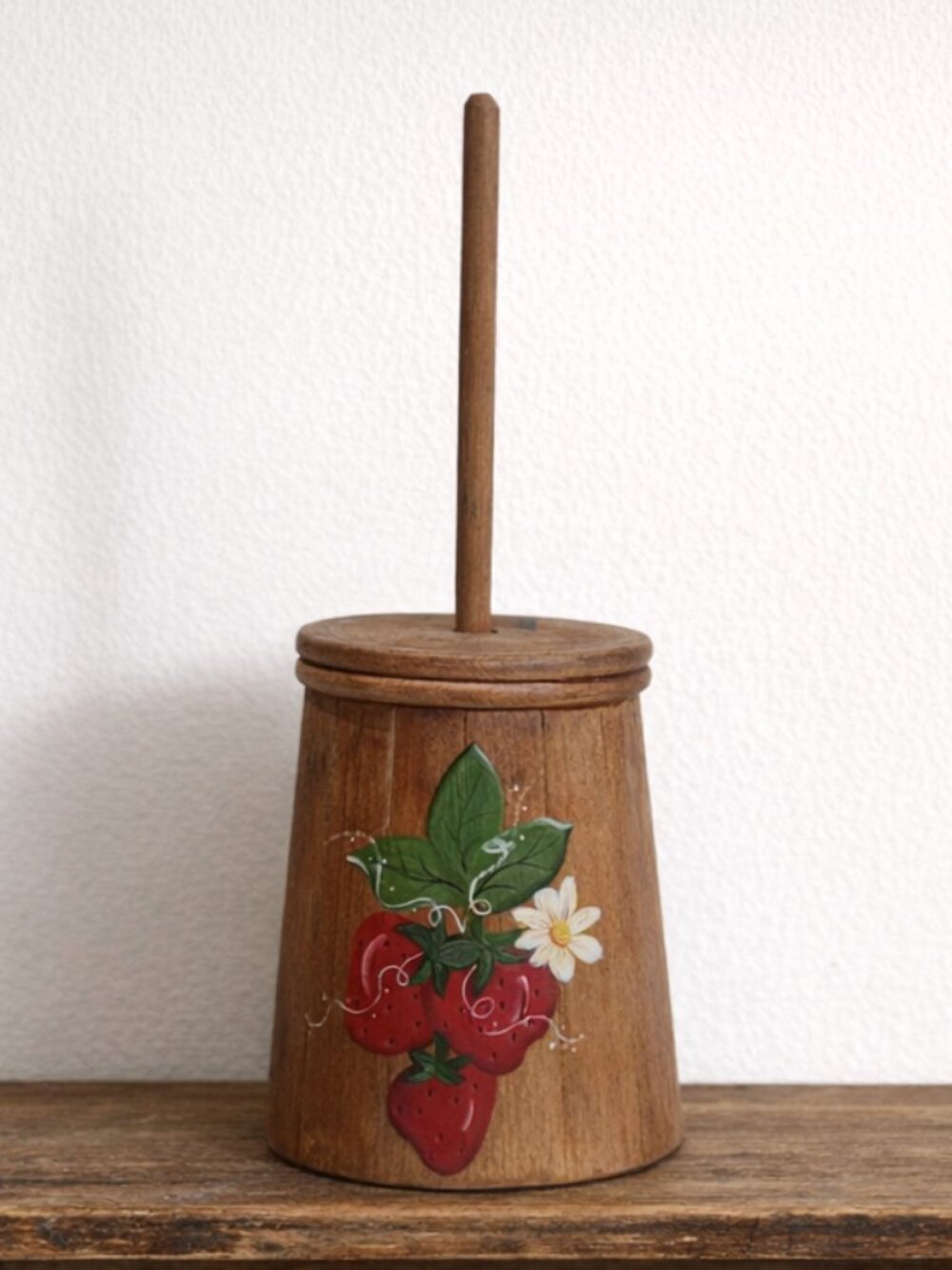 Vintage Wooden Butter Churn Hand Painted Strawberries Folk Art Primitive Small
